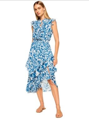 Misa Los Angeles Blue & White Floral Ruffle High-Low Dress